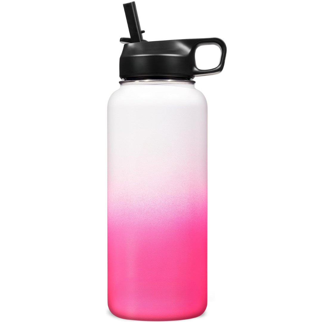 Stainless Steel Insulated Water Bottle with Straw - For Cold & Hot Drinks-950 ml-White-Pink-Nora Luxe