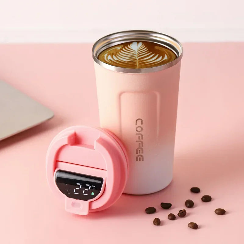 Stainless Steel Thermo Mug with Smart Temperature Display - TempMate-Pink-White-380ML-Nora Luxe