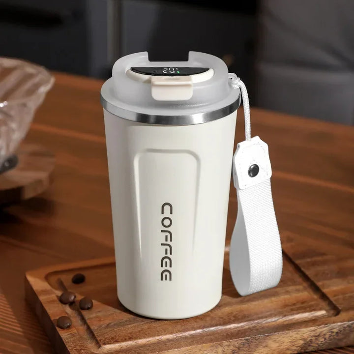 Stainless Steel Thermo Mug with Smart Temperature Display - TempMate-White with Shoulder Strap-380ML-Nora Luxe