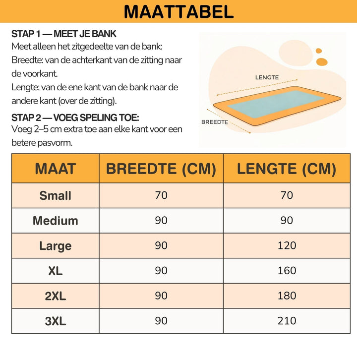 Grey anti-slip protective sofa cover size chart with measurements for sizes small to 3XL