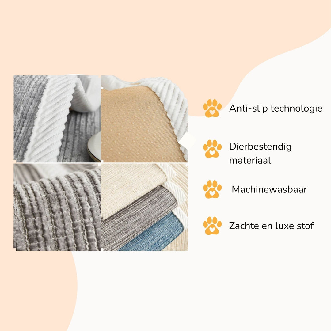 Grey anti-slip protective sofa cover detail showing fabric swatches and non-slip underside