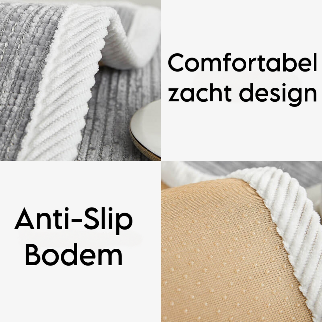 Close-up collage of the soft white-trimmed gray fabric edge and the beige dotted non-slip underside. 4