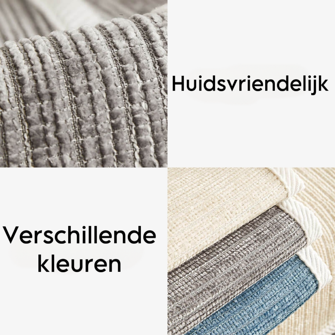 Collage of a close-up of the gray chenille weave beside a stack of cream, gray and blue cover samples. 5