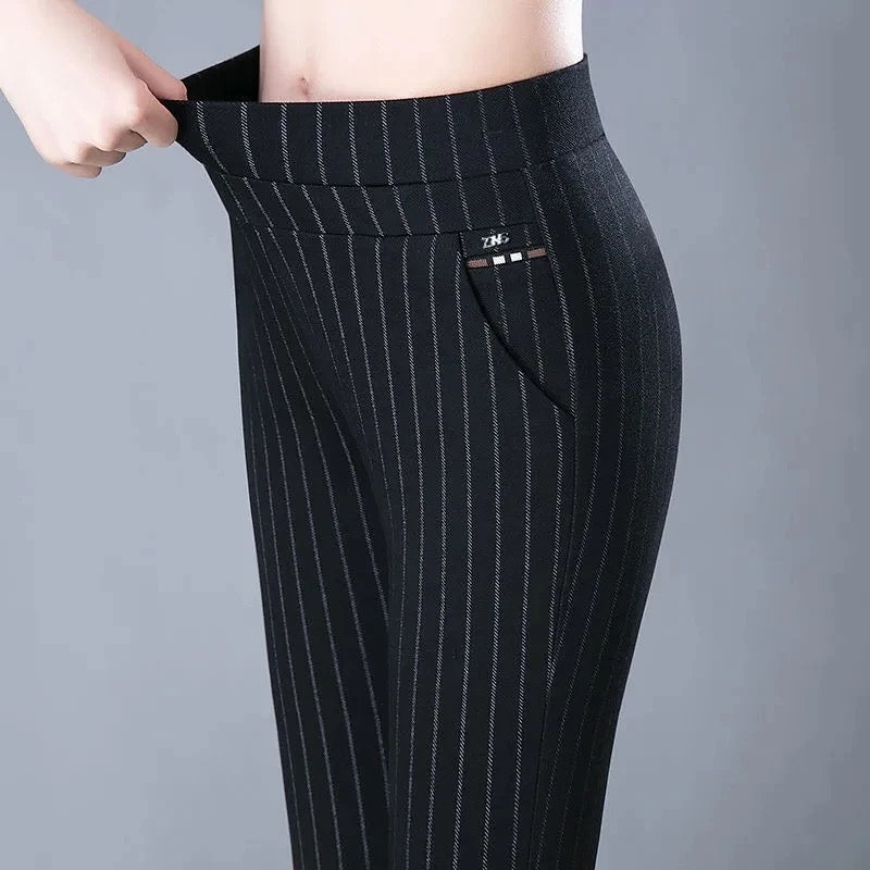 Straight Ladies' Trousers with Elastic High Waist - Sophia-Black Stripes-M-Nora Luxe