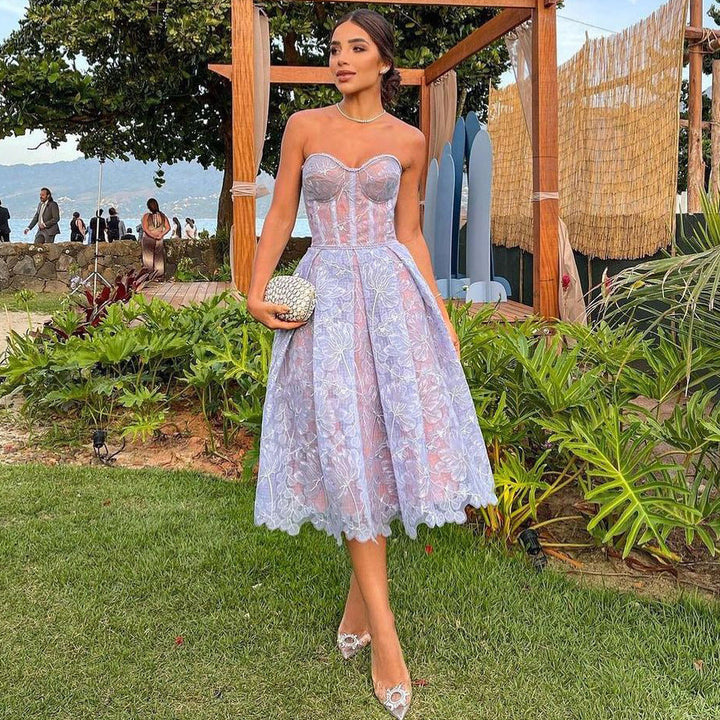 Strapless Kant Midi Dress with Corset Top - Luna-Blue-XS-Nora Luxe