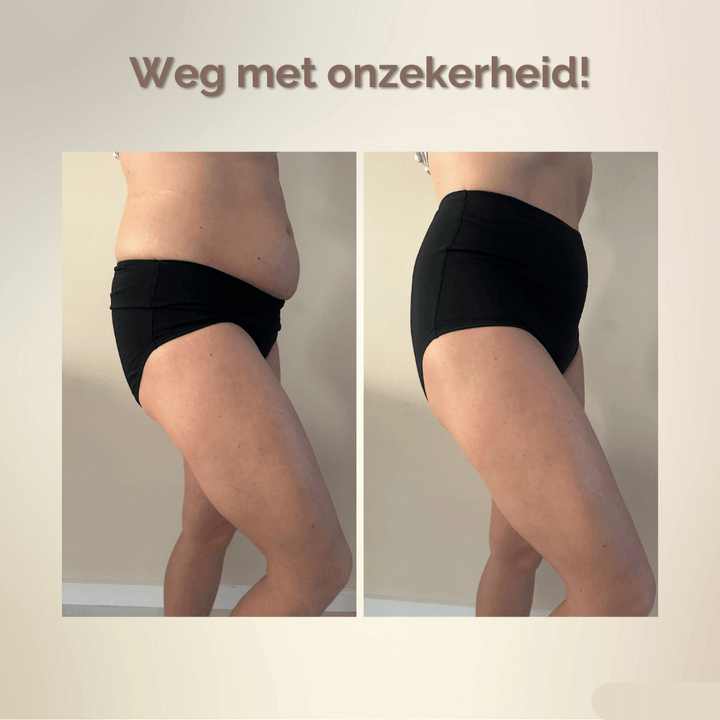 Side-by-side side views of a torso in black high-waisted briefs, one with a visible belly bulge and one with a smoother silhouette. 2