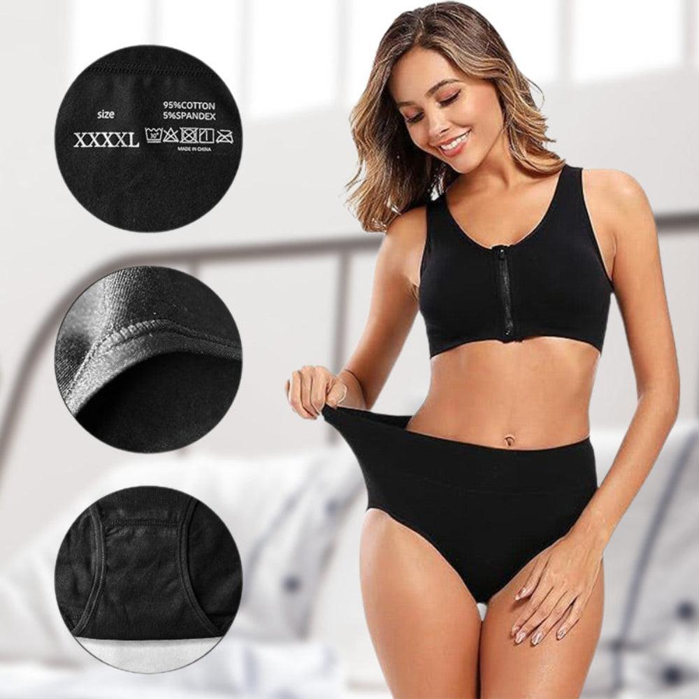 Smiling model in black briefs and a zip-front bra stretching the waistband, with three close-ups of the size label, seams and lining. 5