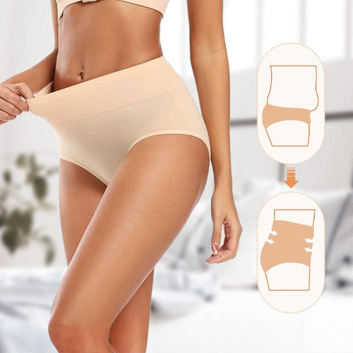 Model pulling up the waistband of beige high-waisted briefs, with a small diagram showing the tummy-smoothing effect on the right. 4