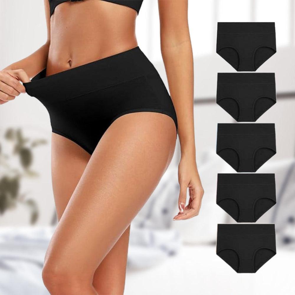 Model stretching black high-waisted briefs, with a column of five identical black pairs displayed beside her. 8