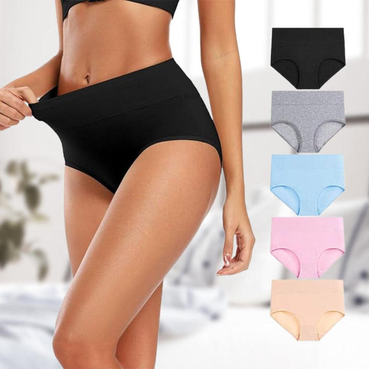 Model stretching black high-waisted briefs, with a column of five pairs in black, gray, light blue, pink and beige. 3