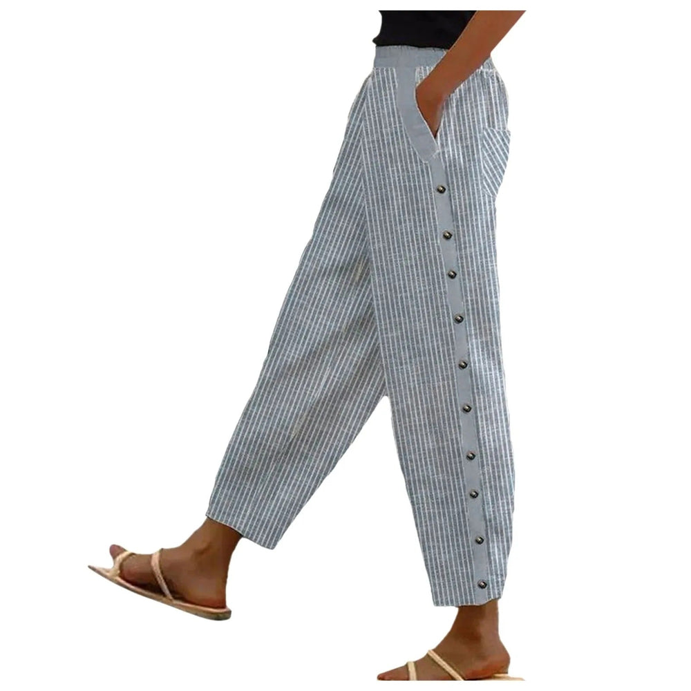 Striped High-Waist Ladies' Trousers with Decorative Buttons – Florence-Blue-S-Nora Luxe