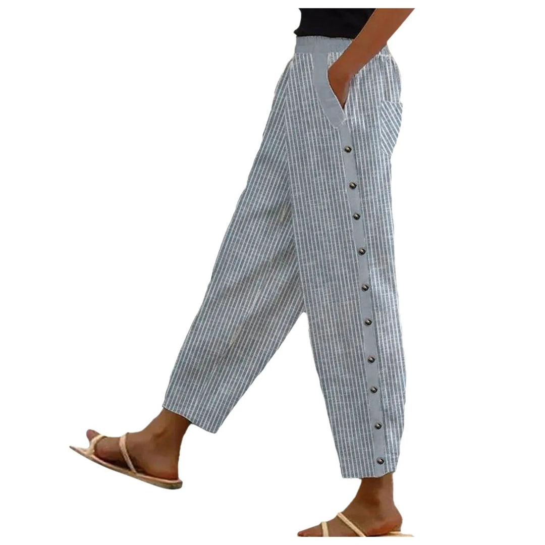 Striped High-Waist Ladies' Trousers with Decorative Buttons – Florence-Blue-S-Nora Luxe