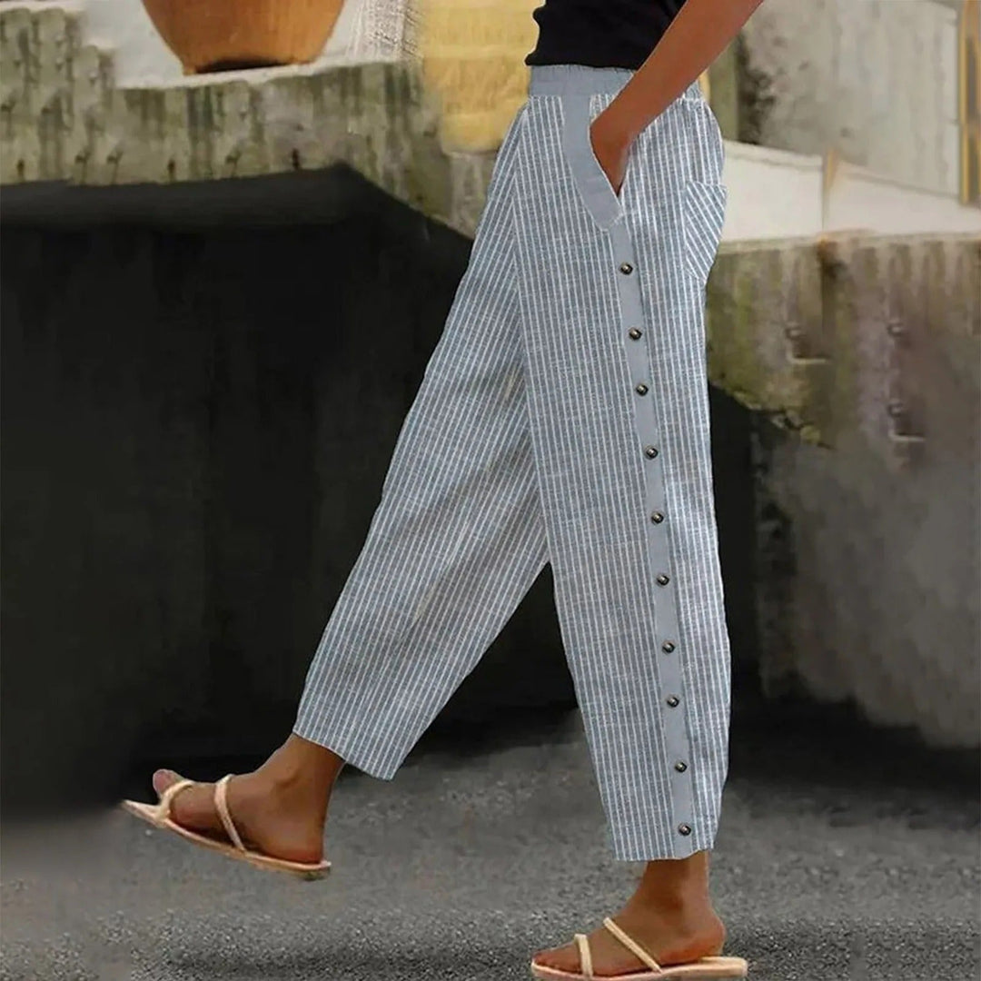 Striped High-Waist Ladies' Trousers with Decorative Buttons – Florence-Gray-S-Nora Luxe