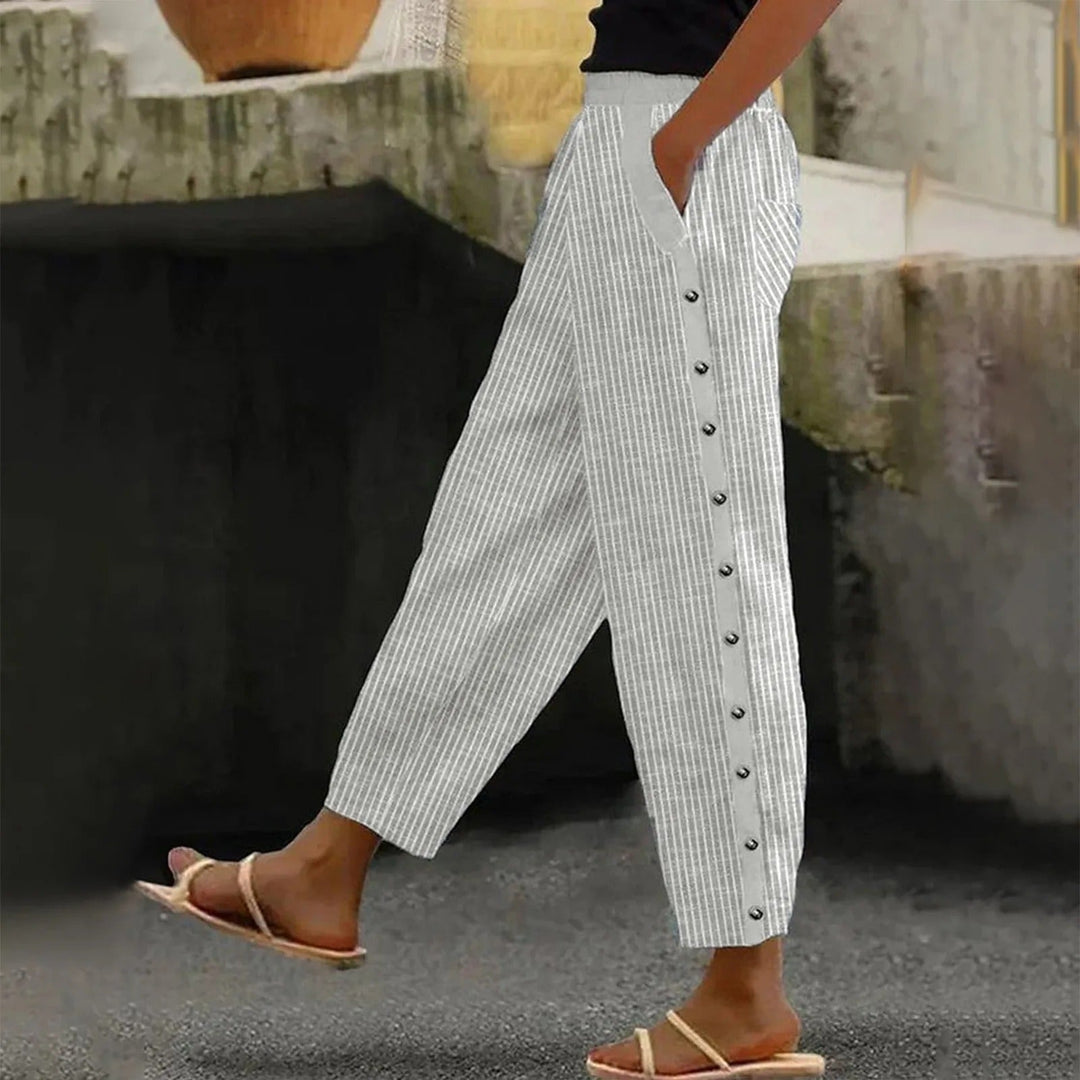 Striped High-Waist Ladies' Trousers with Decorative Buttons – Florence-Gray-S-Nora Luxe
