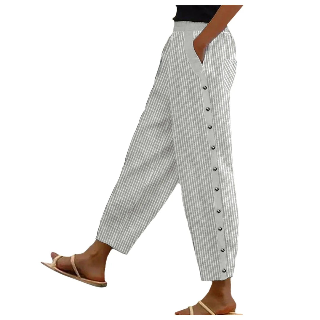 Striped High-Waist Ladies' Trousers with Decorative Buttons – Florence-Gray-S-Nora Luxe