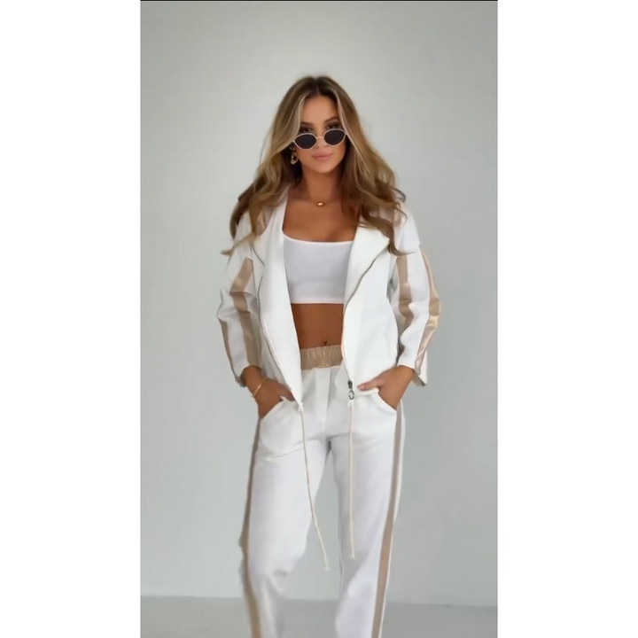 Striped leisure two-piece with hood & waistband – Cosima-White-S-Nora Luxe