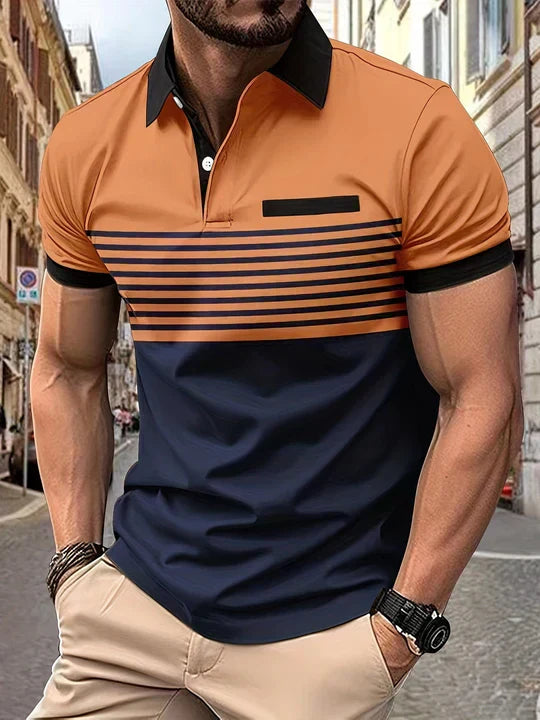 Striped summer polo shirt for men – Damian-Orange-XS-Nora Luxe