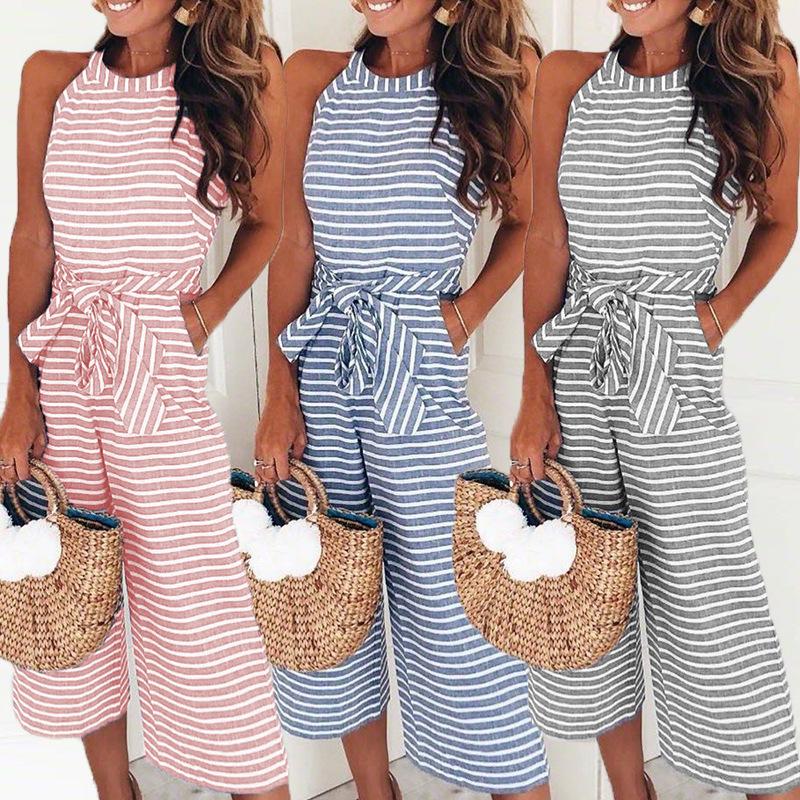 Striped women's jumpsuit with wrap neckline – Vivienne-Blue-S-Nora Luxe