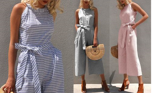 Striped women's jumpsuit with wrap neckline – Vivienne-Blue-S-Nora Luxe