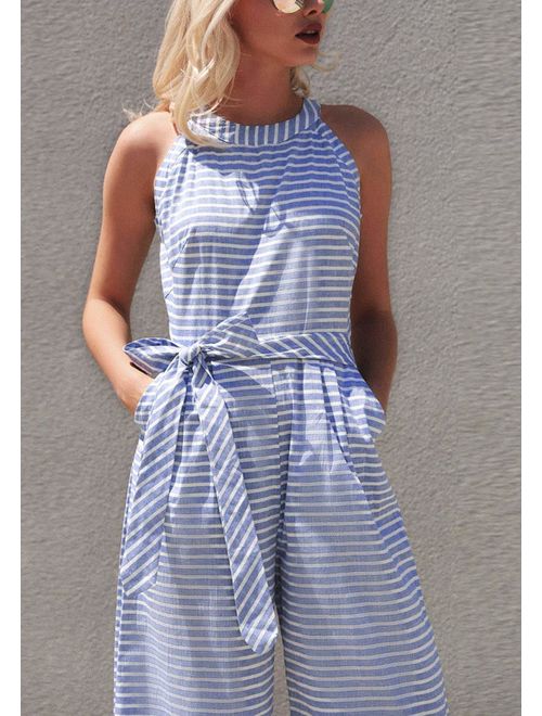 Striped women's jumpsuit with wrap neckline – Vivienne-Blue-S-Nora Luxe