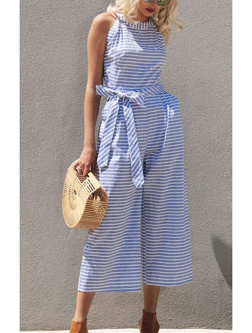 Striped women's jumpsuit with wrap neckline – Vivienne-Blue-S-Nora Luxe