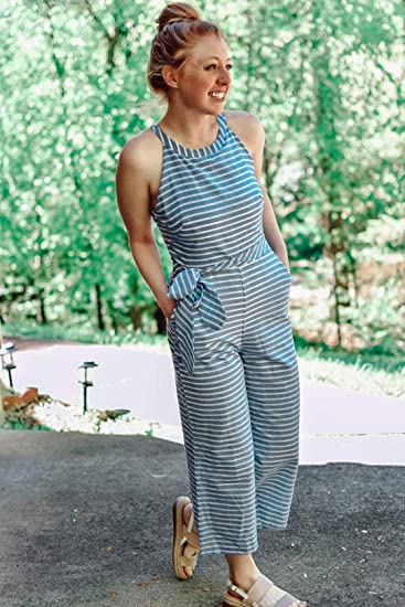 Striped women's jumpsuit with wrap neckline – Vivienne-Blue-S-Nora Luxe