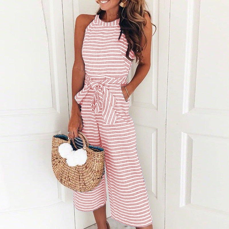 Striped women's jumpsuit with wrap neckline – Vivienne-Pink-S-Nora Luxe
