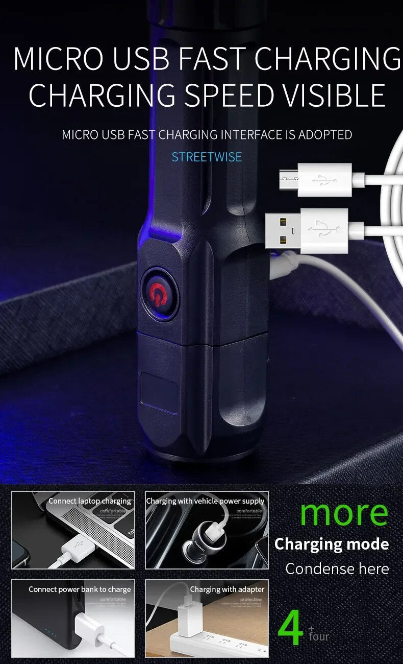 STRONG LED TORCH WITH ZOOM - USB RECHARGEABLE CAMPING TORCH-F15-T-Nora Luxe