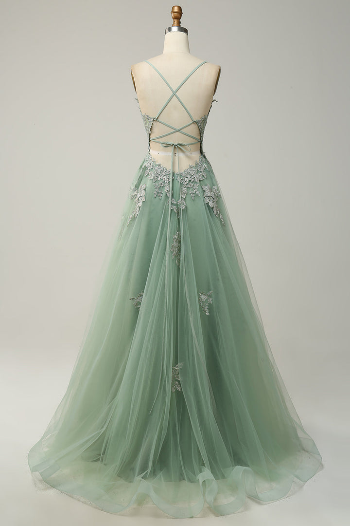 Stylish A-line Evening Dress with Spaghetti Straps and Lace-up Closure - Julia-Dark green-0-Nora Luxe