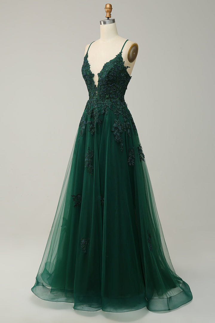 Stylish A-line Evening Dress with Spaghetti Straps and Lace-up Closure - Julia-Dark green-0-Nora Luxe