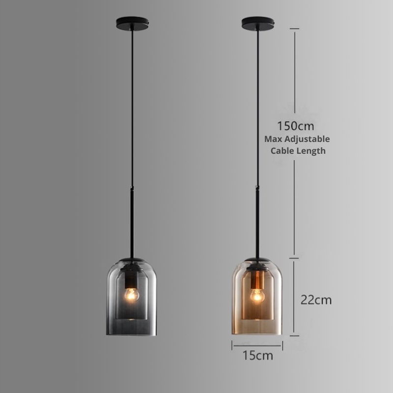 Gray and amber pendants with diagram lines marking cable length, shade height and shade width 12