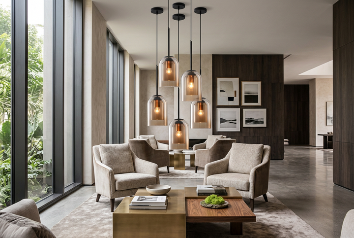 Cluster of amber glass pendants at varied heights above armchairs and coffee tables in a spacious modern living room 1