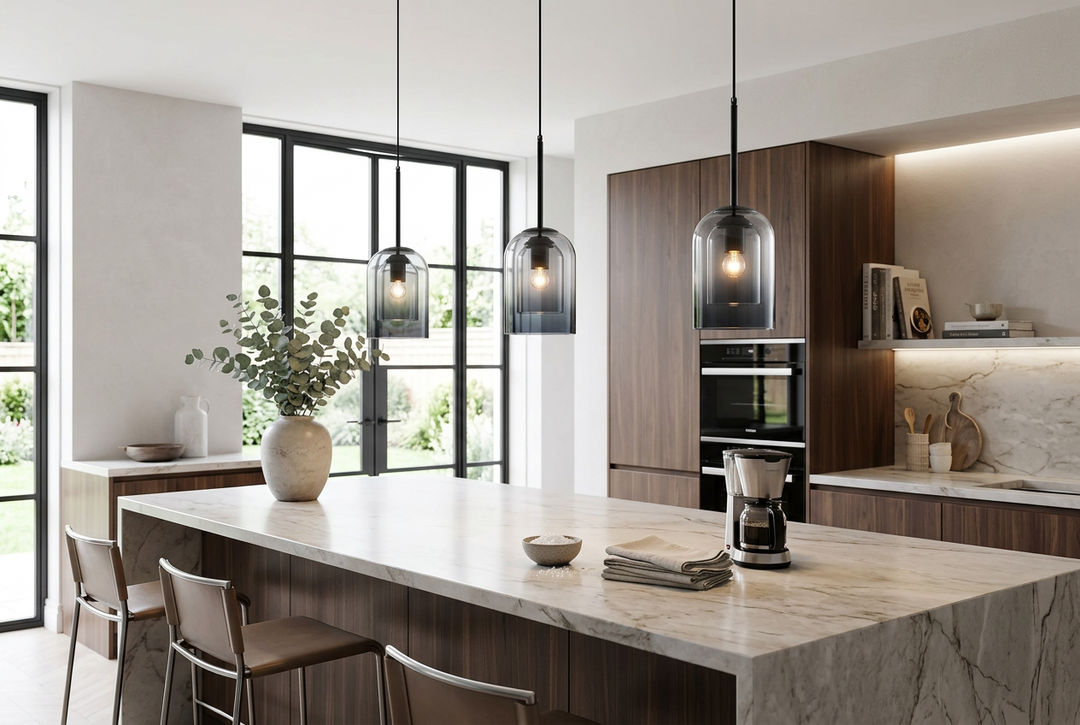 Three smoke-gray double glass pendants hang above a marble kitchen island with wood cabinetry and tall windows 1