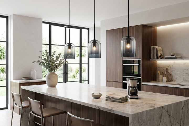 Three smoke-gray double glass pendants hang above a marble kitchen island with wood cabinetry and tall windows 1