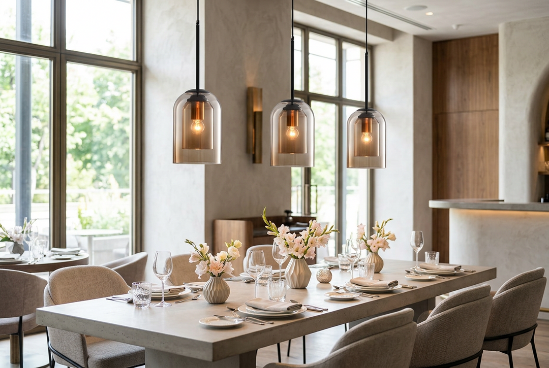 Three amber double-glass pendants glowing over a long dining table set with flowers and place settings 1