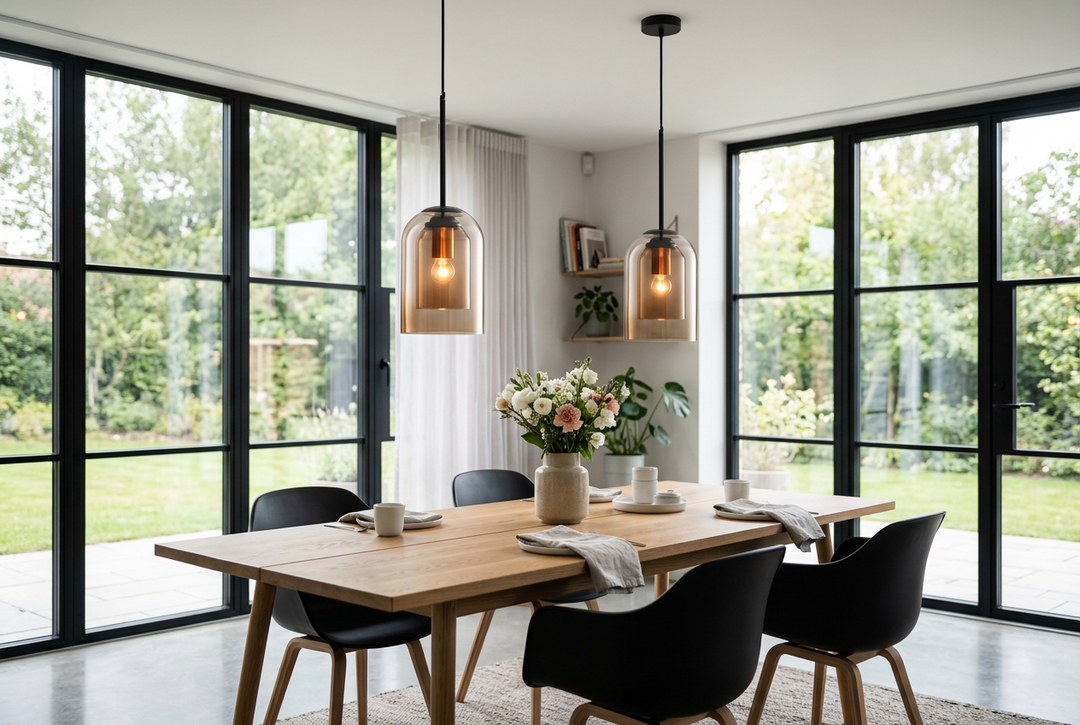 Two amber glass pendants hang over a wooden dining table with black chairs, in front of tall windows 1