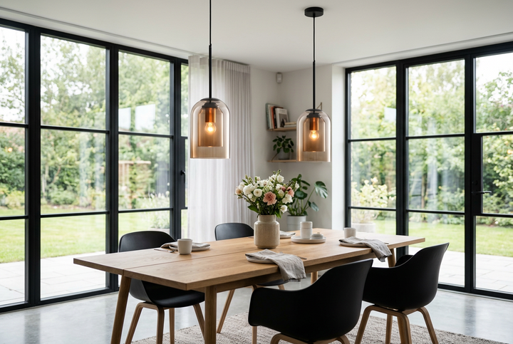 Two amber glass pendants hang over a wooden dining table with black chairs, in front of tall windows 1