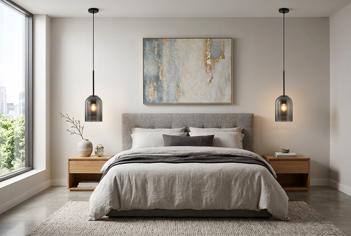 Two smoked glass pendants hang as bedside lights on either side of a bed in a modern bedroom 1