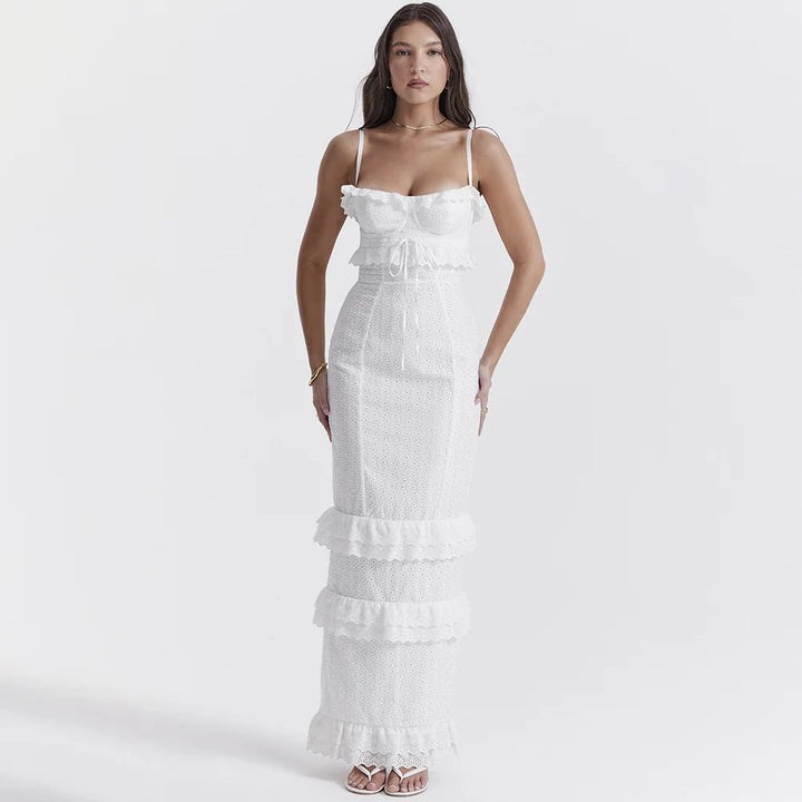Stylish Embroidered Camisole Maxi Dress in White - Alina-XS-Nora Luxe