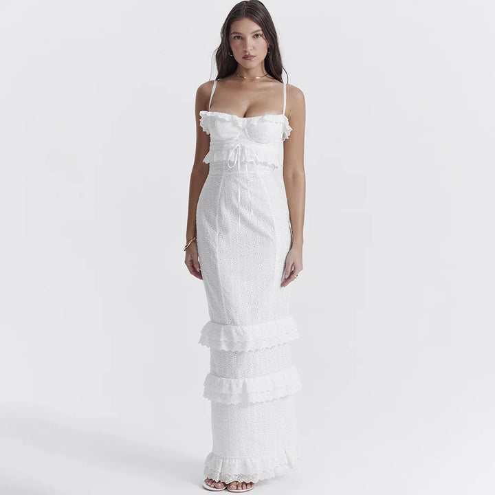 Stylish Embroidered Camisole Maxi Dress in White - Alina-XS-Nora Luxe