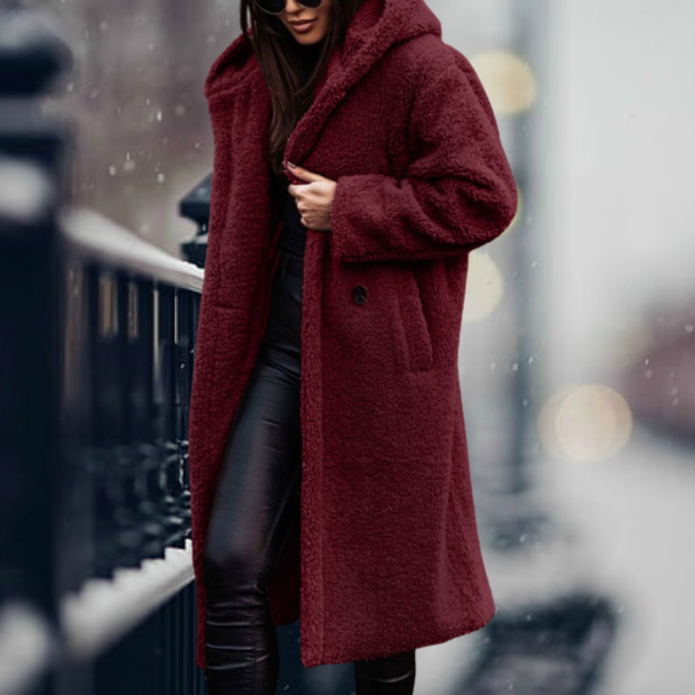 Stylish Ladies Faux Fur Coat with Hood - Vivienne-Red Wine-S-Nora Luxe