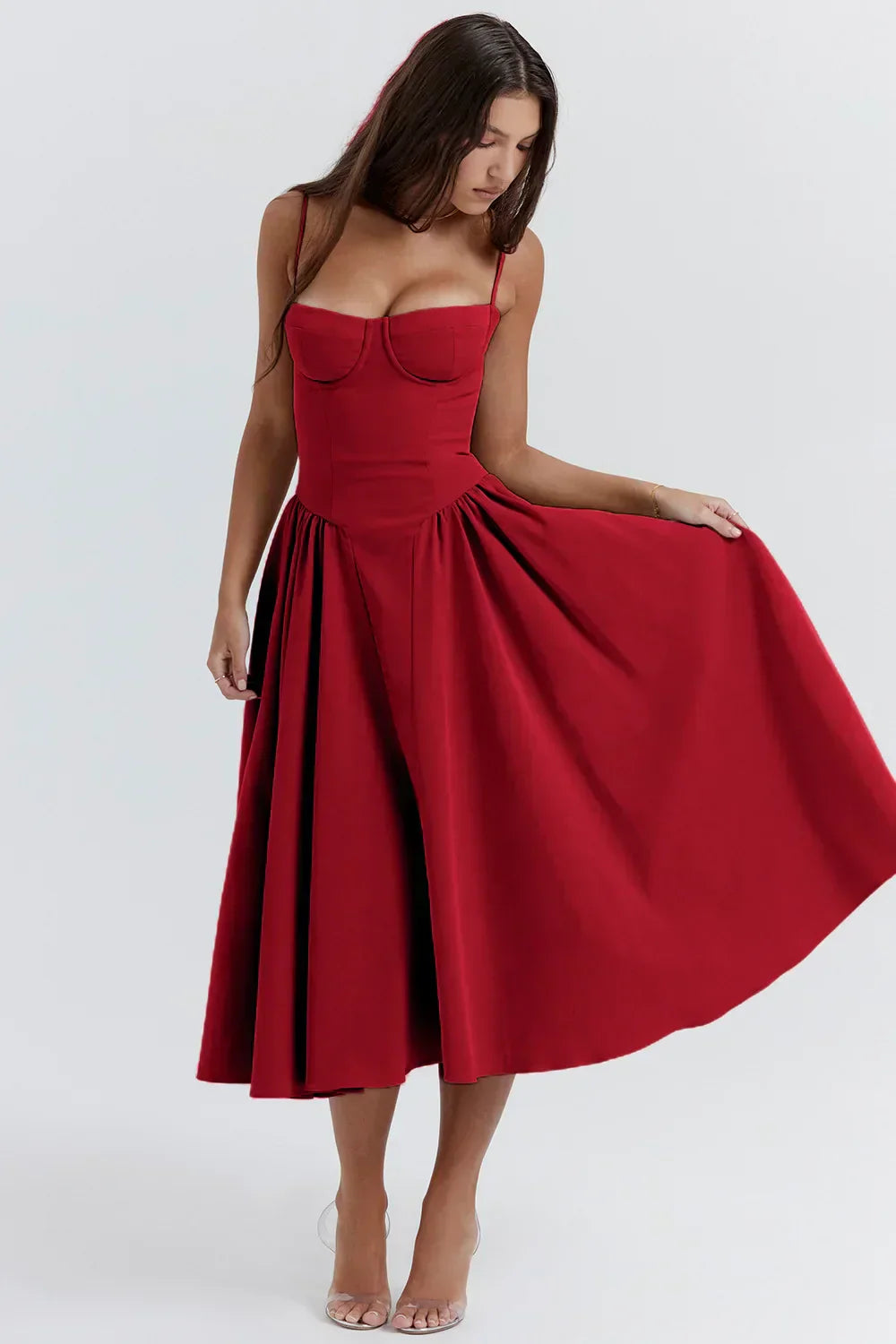 Stylish ladies' summer dress with spaghetti straps & waist corset – Mira-Blue-S-Nora Luxe