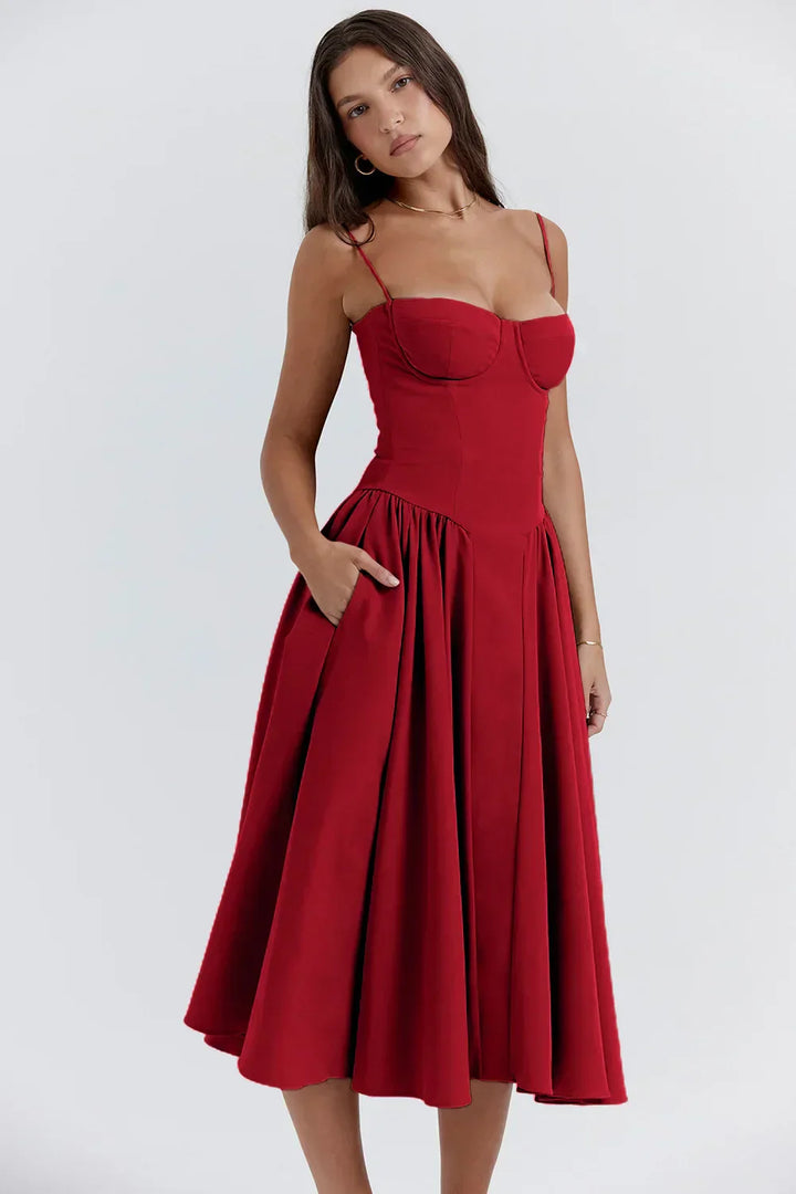 Stylish ladies' summer dress with spaghetti straps & waist corset – Mira-Blue-S-Nora Luxe