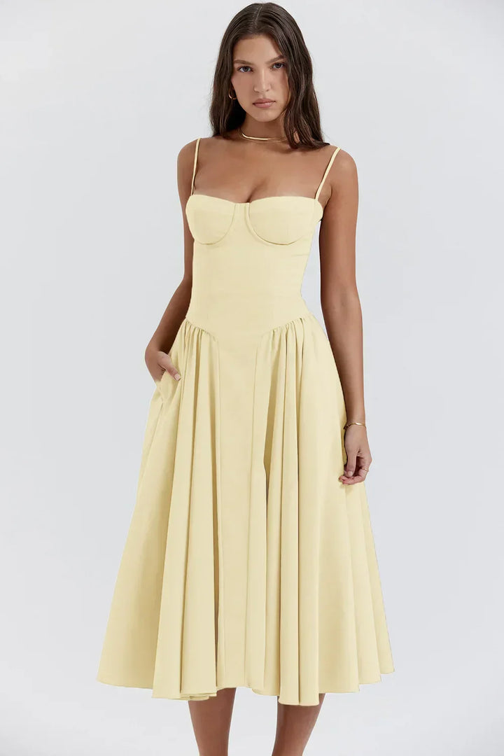Stylish ladies' summer dress with spaghetti straps & waist corset – Mira-Blue-S-Nora Luxe