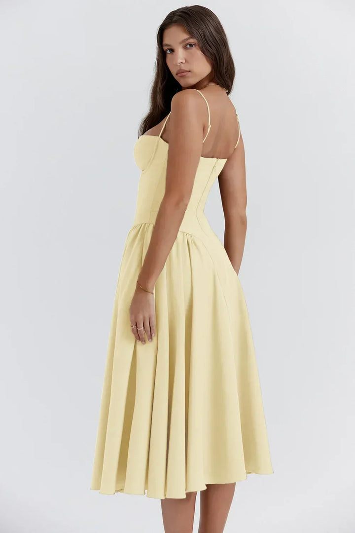 Stylish ladies' summer dress with spaghetti straps & waist corset – Mira-Blue-S-Nora Luxe
