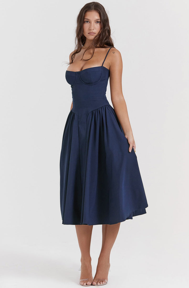 Stylish ladies' summer dress with spaghetti straps & waist corset – Mira-Blue-S-Nora Luxe