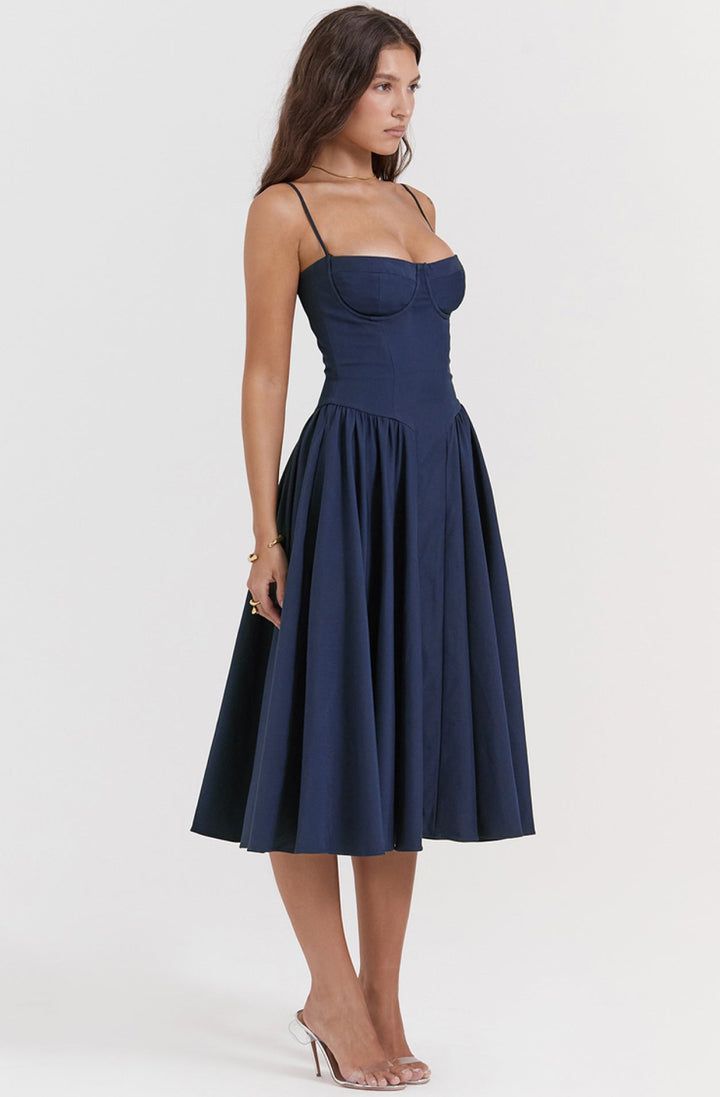 Stylish ladies' summer dress with spaghetti straps & waist corset – Mira-Blue-S-Nora Luxe