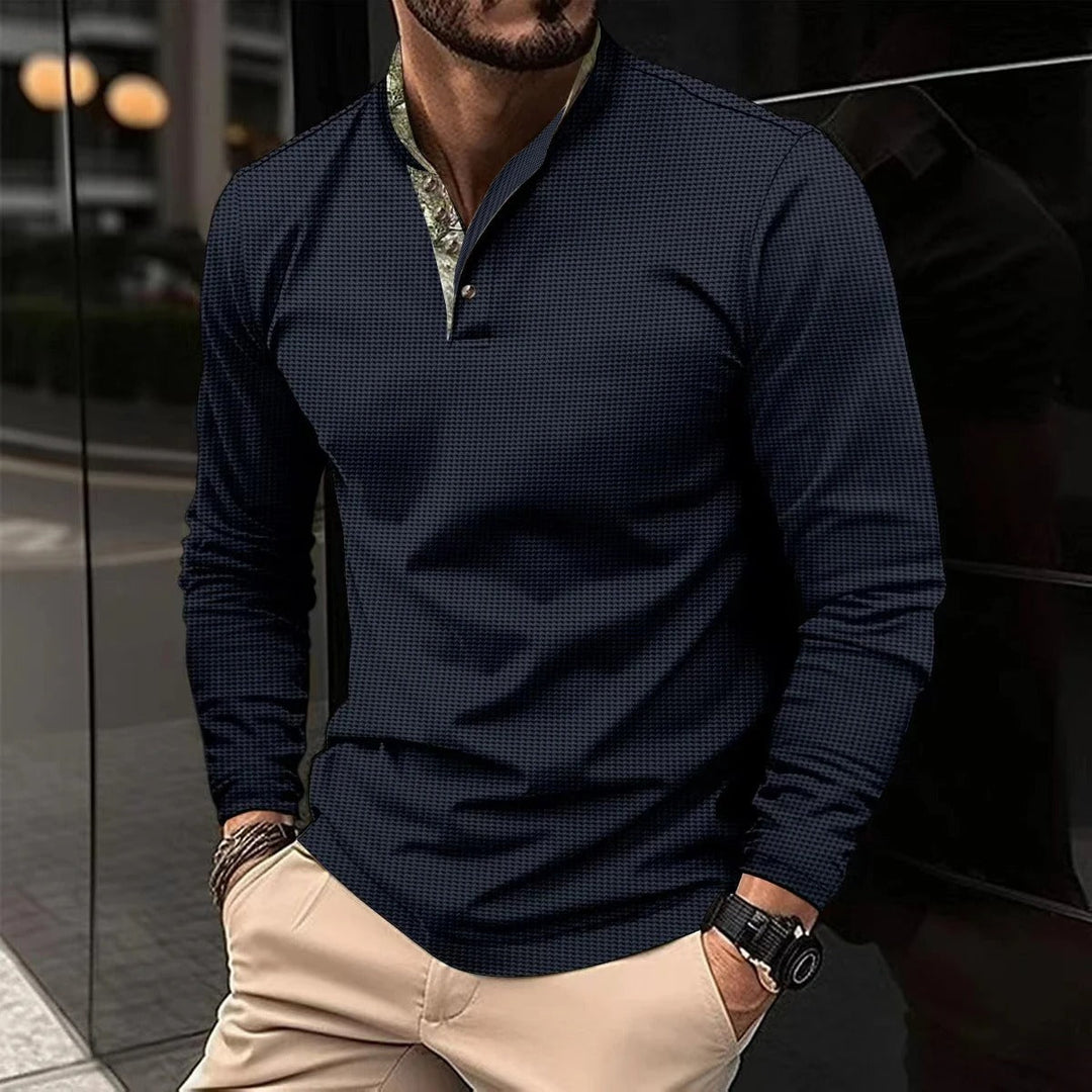 Stylish Long Sleeve Men's Polo - Finn-Dark Blue-S-Nora Luxe