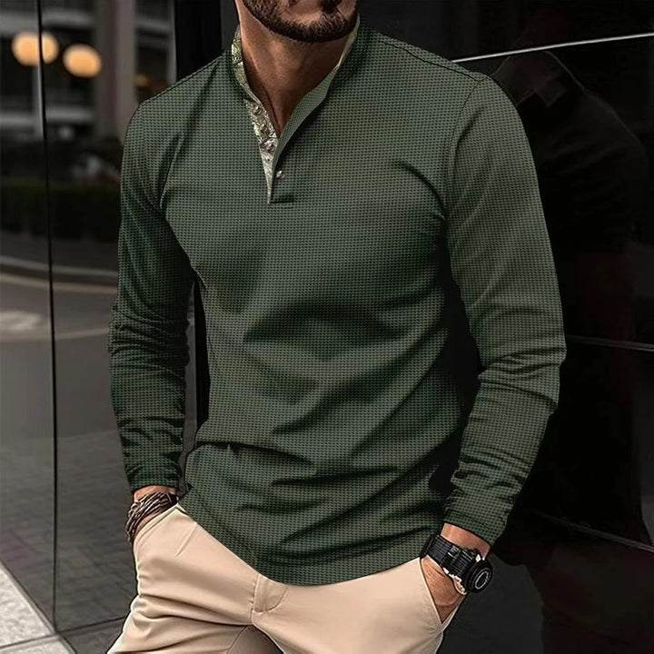 Stylish Long Sleeve Men's Polo - Finn-Olive Green-S-Nora Luxe