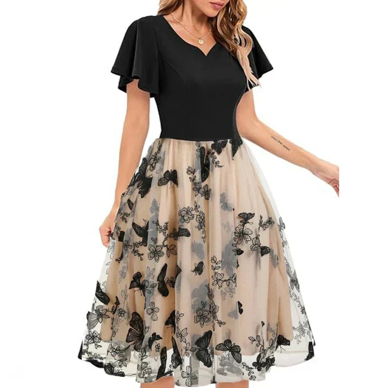 Stylish midi dress made of mesh with embroidery & flounce sleeves – Maila-S-Nora Luxe